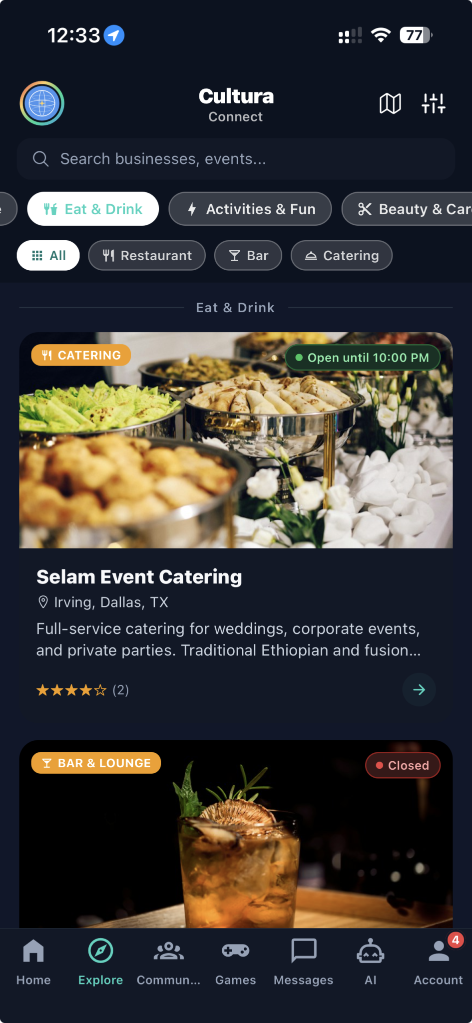 CulturaConnect Explore screen showing local catering and nightlife businesses